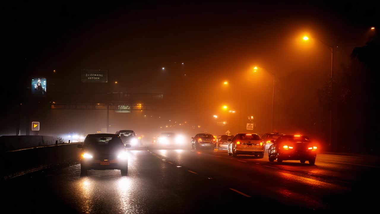 A Stunning Visual of a Foggy Night on a Busy Highway, Highlighting the Radiance of Headlights and Streetlights as Vehicles Navigate Through Low Visibility Conditions