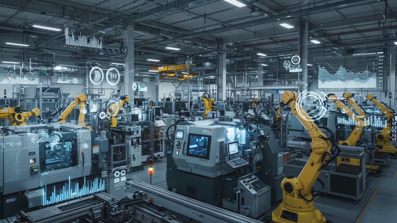 Advanced Automation in a Modern Manufacturing Facility Showcasing Industrial Robots and Cutting-Edge Technology for Enhanced Production Efficiency and Precision