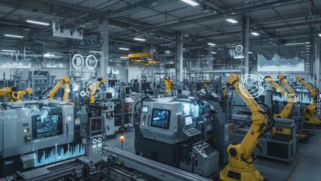advanced automation in a modern manufacturing facility showcasing industrial robots and cutting-edge technology for enhanced production efficiency and precision
