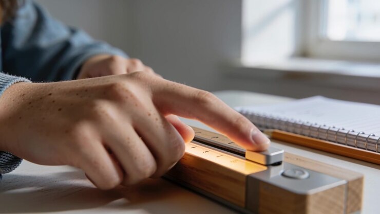 Finger hovering, pressing and sliding slider along wood rail at window, denim sleeve adjusting LED