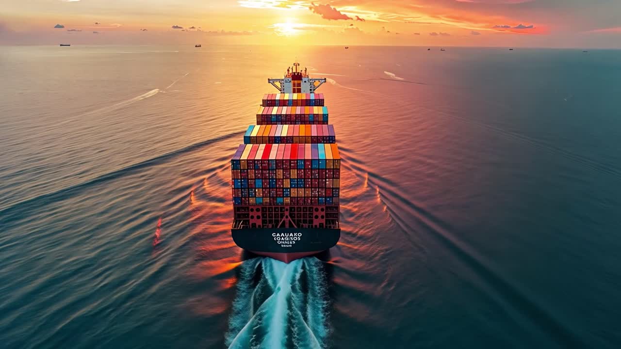 Large Container Ship Sailing on the Open Ocean at Sunset