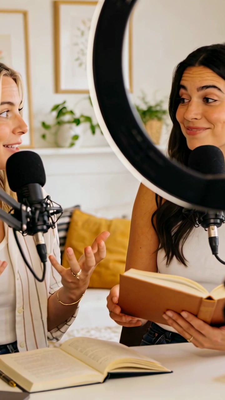Vertical video: Starting left host gesturing as right host reading book at home recording with mics