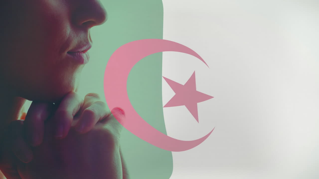 Contemplating, person with Algerian flag overlay showing crescent and star animation