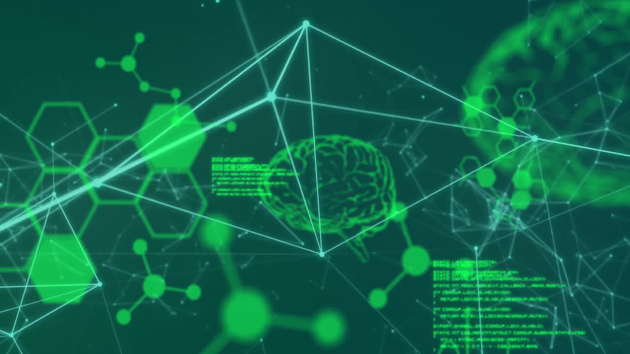 Animation of data processing and brains on black background