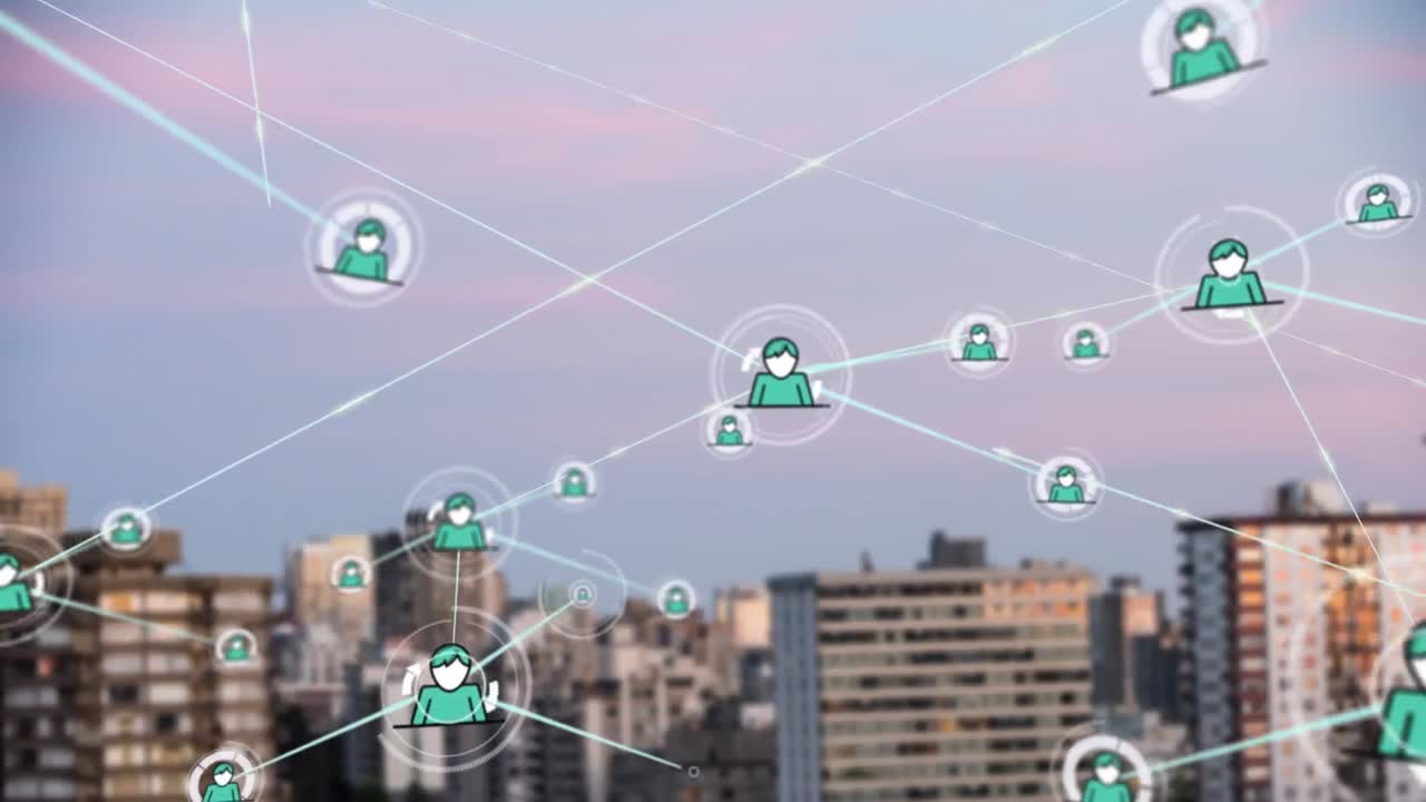 animación de una red de iconos de perfil contra una vista aérea de edificios altos