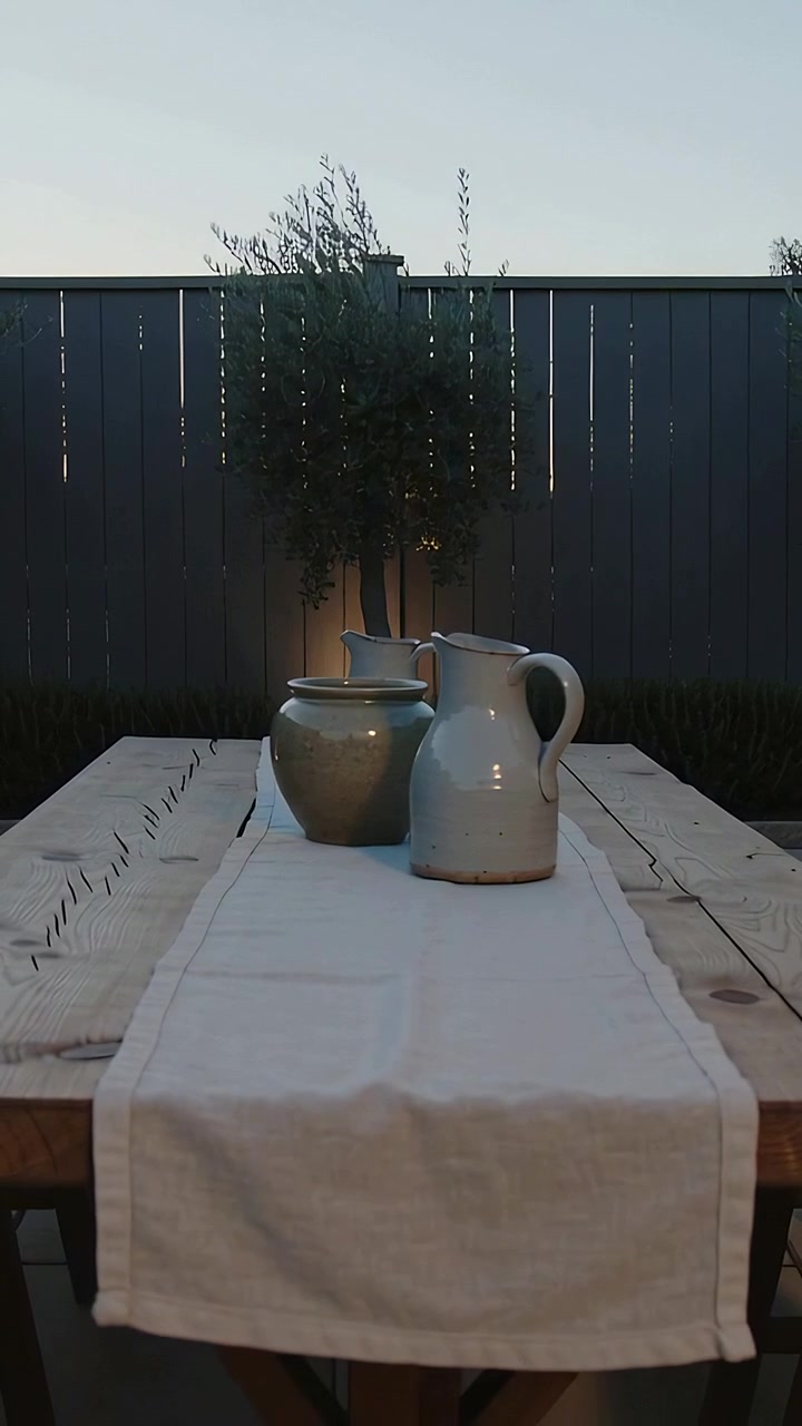 Vertical video: Pulling back camera on play, showing table 3 pots, lit tree in yard as light fades