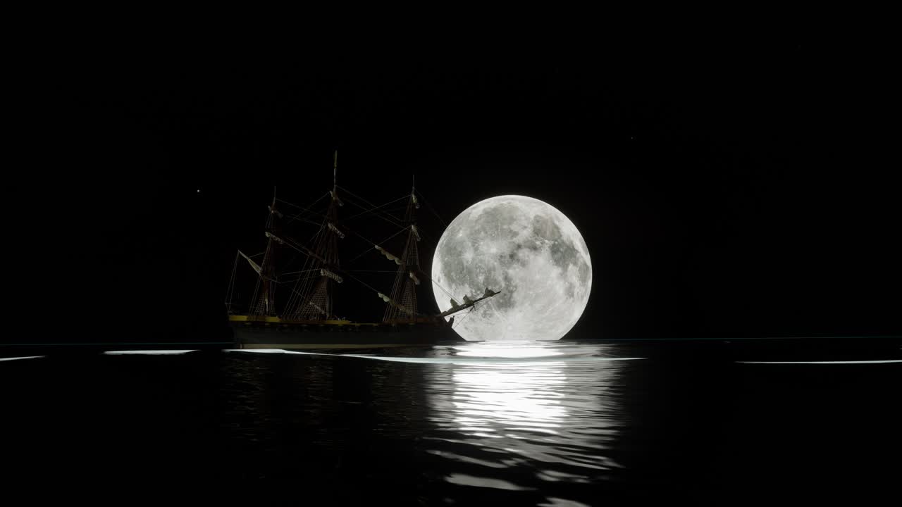 Ship at Night Under a Full Moon