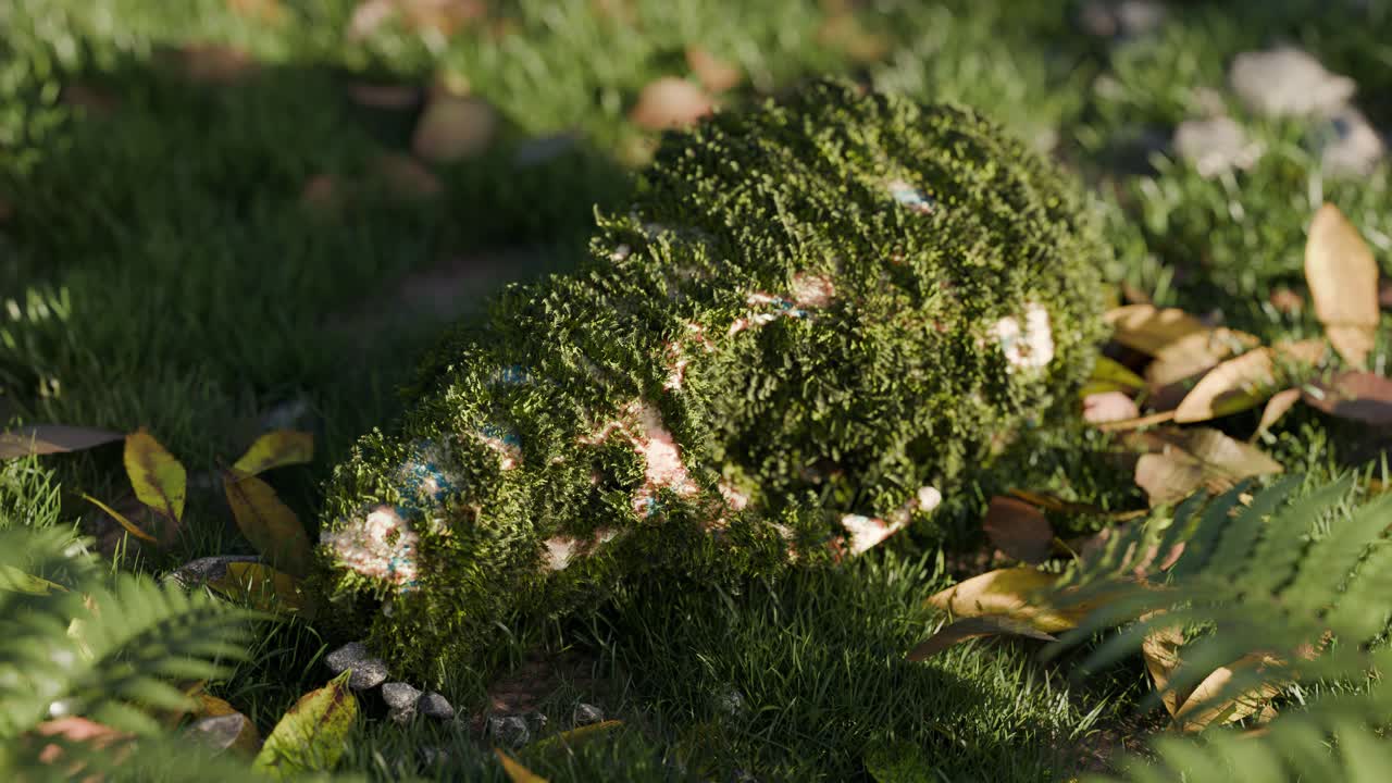 Skull covered in moss and foliage