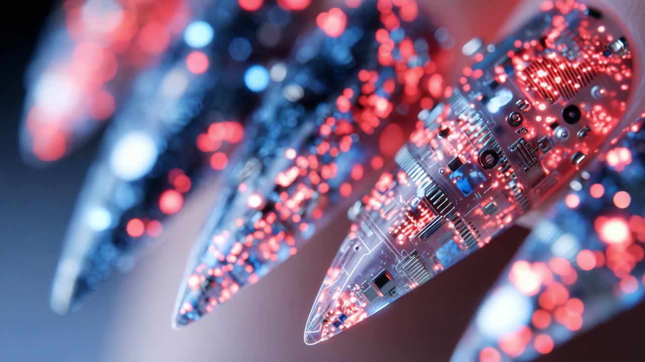 Innovative Nail Art Design Featuring Futuristic Circuit Patterns with a Blend of Black, Red, and Metallic Colors for a Dazzling Visual Effect in a Close-Up Perspective