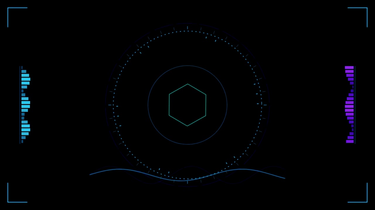 Interface HUD Digital Futurista com Hexágono Rotativo e Visualizadores de Áudio