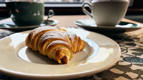 primer plano de un croissant recién horneado en un plato blanco, con una taza de café en el fondo.