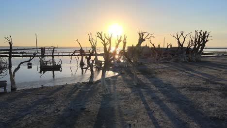 Toma-Panorámica-Lenta-De-Bajo-Nivel-Que-Captura-La-Hermosa-Puesta-De-Sol-En-El-Pueblo-De-Epecuen-Que-Una-Vez-Fue-Una-Próspera-Ciudad-Turística-Balneario-En-La-Provincia-De-Buenos-Aires,-Sumergida-Bajo-El-Agua-Y-Resurgiendo-Después-De-Años