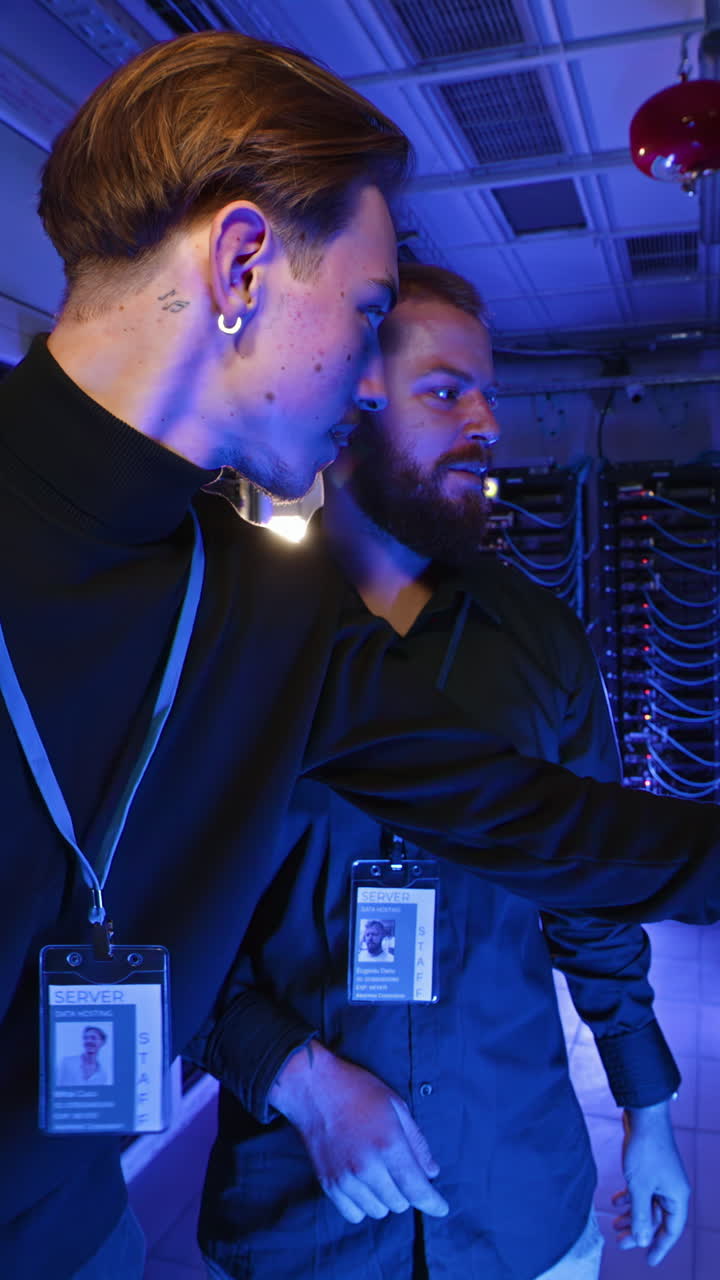 Two men analysing servers in a data centre. Vertical
