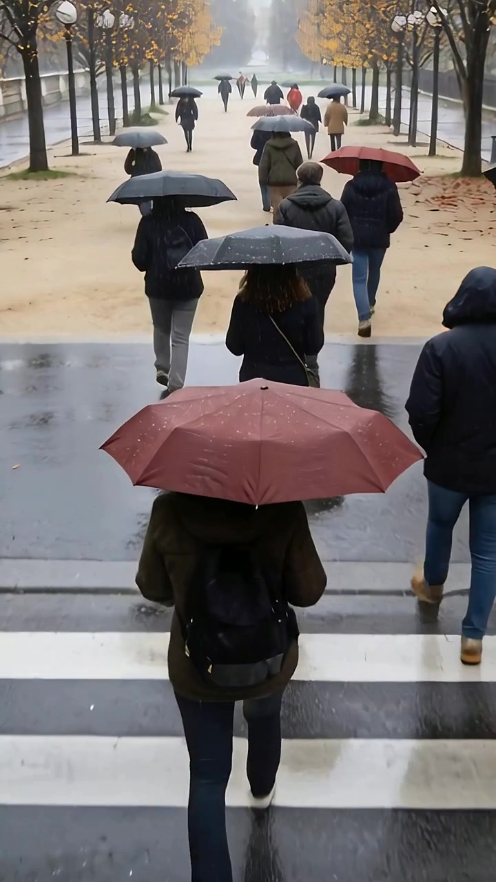 Vertical video: Rain urging adult in green coat with maroon umbrella crossing zebra to river path