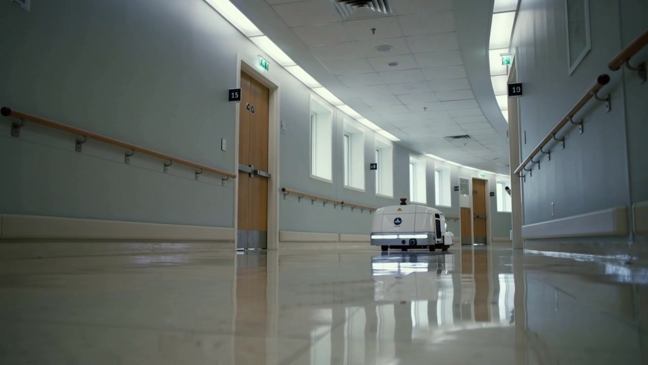 Robô com luz LED branca pulsante esfregando o corredor do hospital perto das portas dos quartos, com espaço para texto.