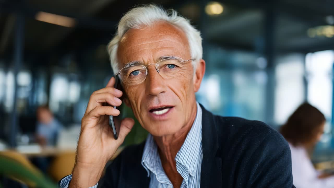 A Senior Man Engaged in a Thoughtful Conversation on His Smartphone, Portraying Confidence and Clarity in a Modern Office Environment