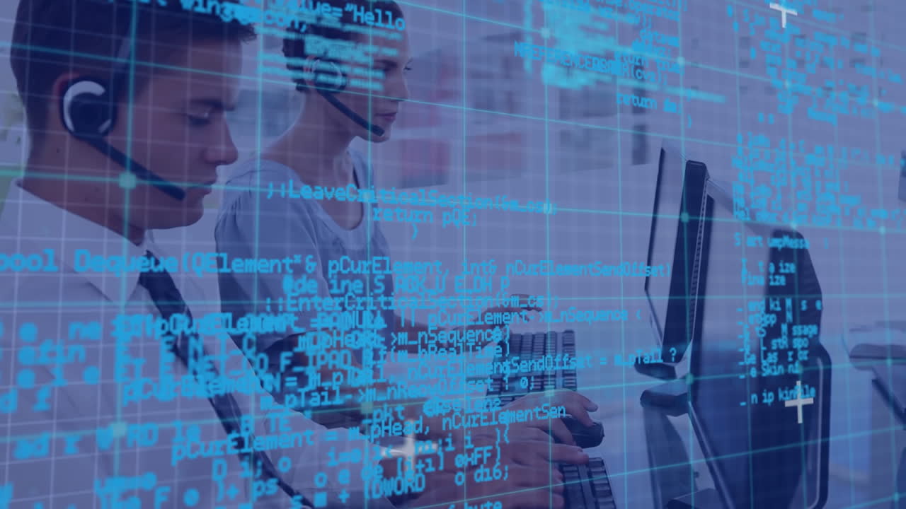 animación del procesamiento de datos sobre personas de negocios que usan auriculares telefónicos