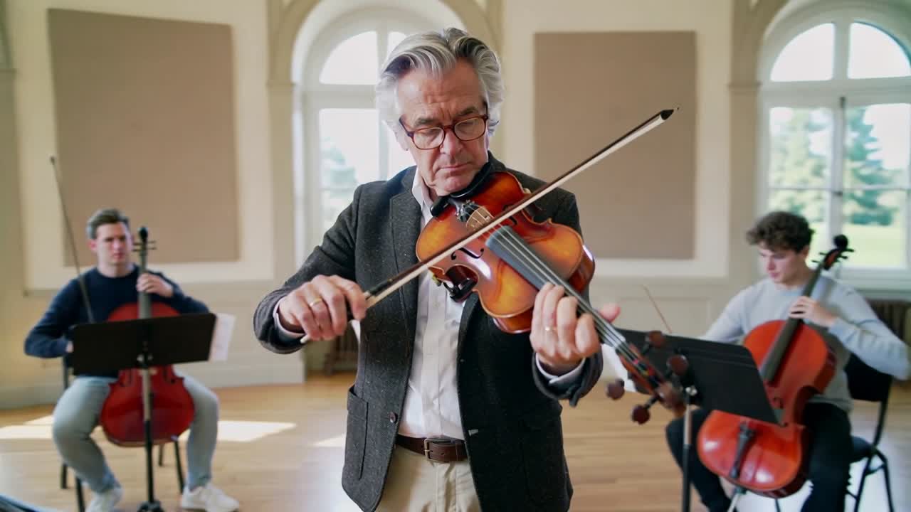 Starting with violin raised, senior violinist in blazer leading rehearsal drawing bow with cellos