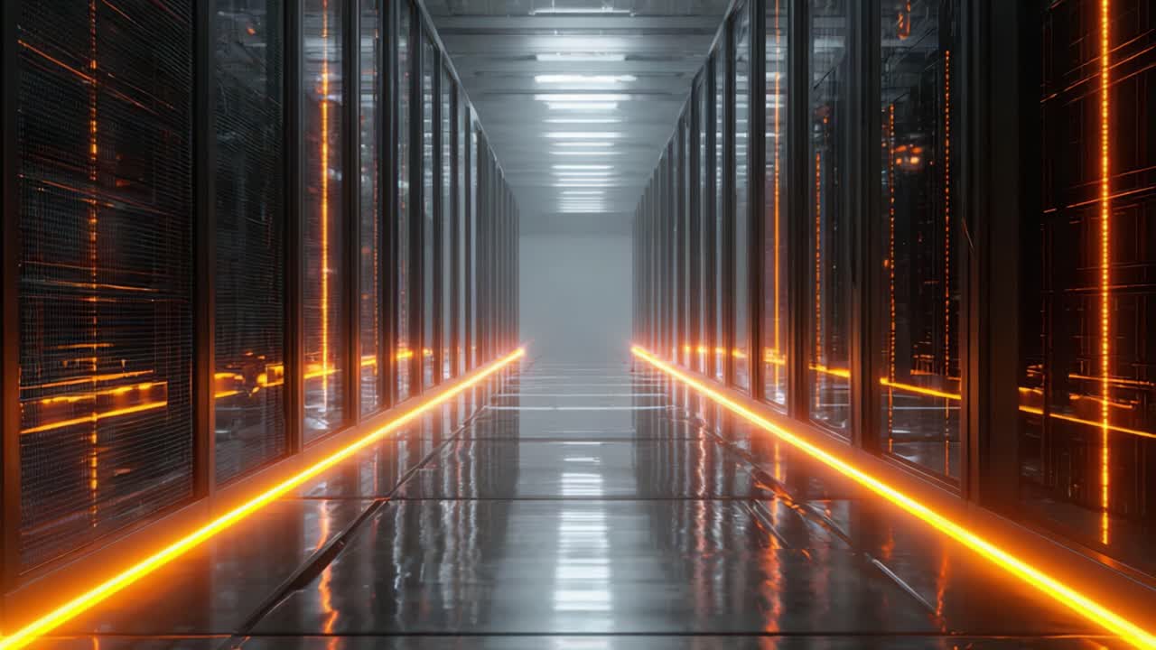 Udforskning af en futuristisk datacenterkorridor: En rejse gennem højteknologiske rækker af serverracks oplyst af glødende orange lys.
