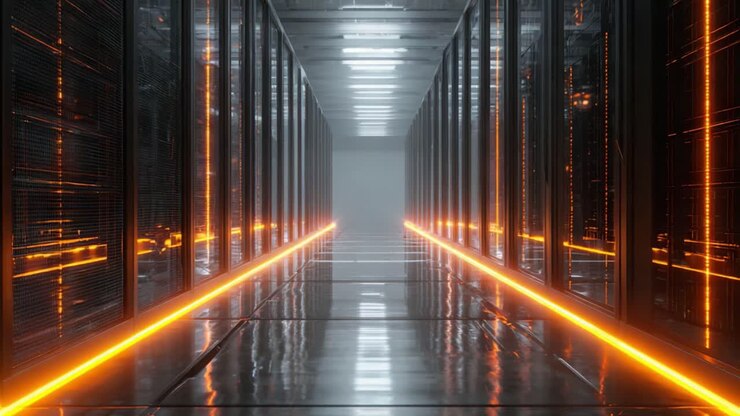 Udforskning af en futuristisk datacenterkorridor: En rejse gennem højteknologiske rækker af serverracks oplyst af glødende orange lys.