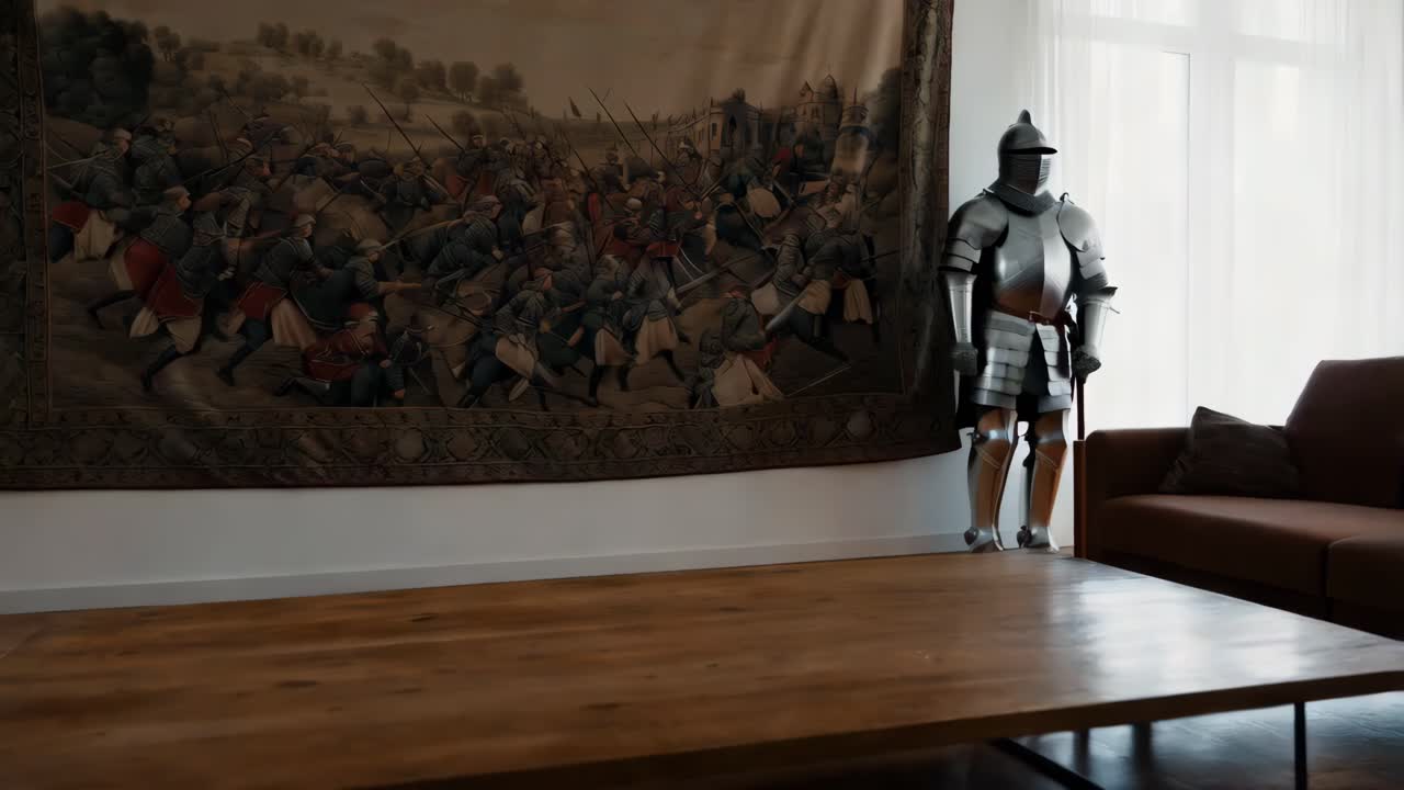 armadura medieval en una sala de estar moderna