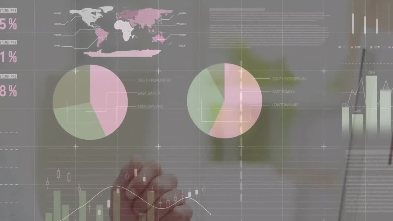 animación de la interfaz infográfica, compañeros de trabajo caucásicos discutiendo informes en el escritorio en la oficina