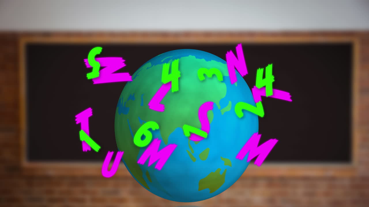 Digital composition of changing numbers and alphabets over spinning globe against black board