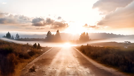 road through a misty landscape at sunrise or sunset