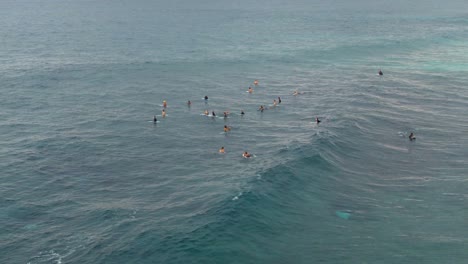 surfers gather near ehukai beach in ohau, hawaii, aerial drone view