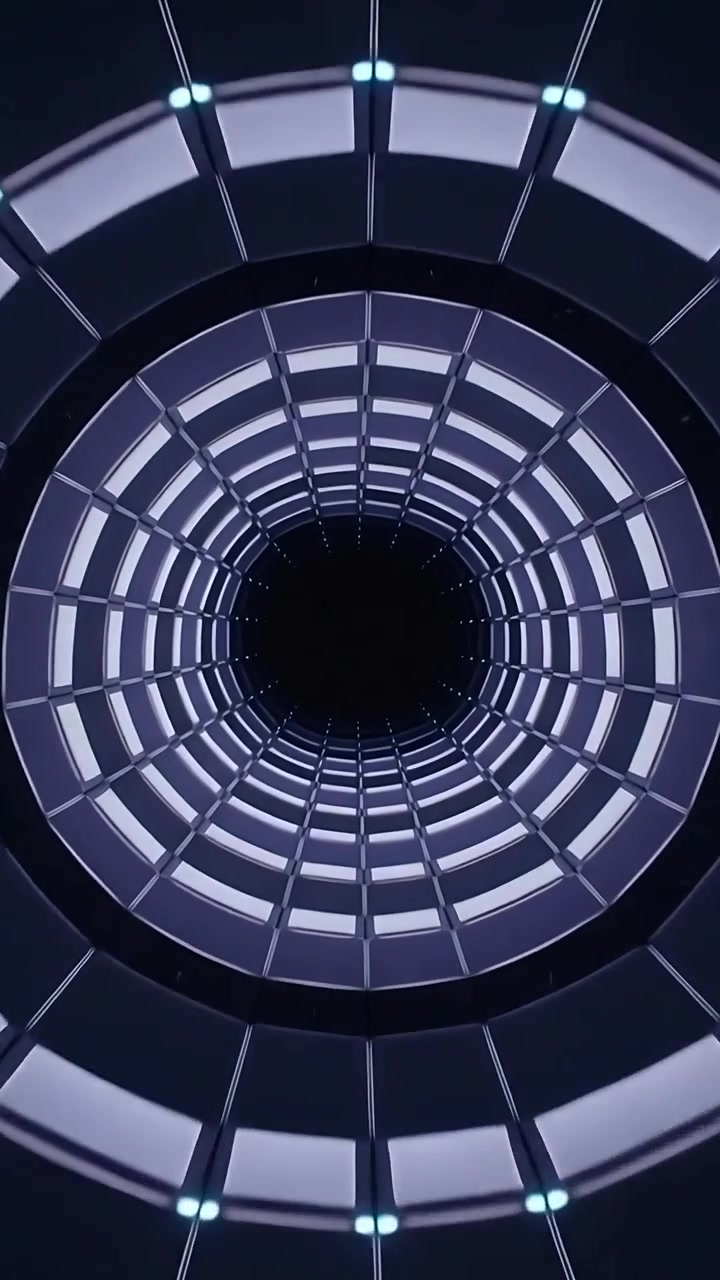 Vertical video: Driving camera into centered tube showing lit panels and teal lights to reach void