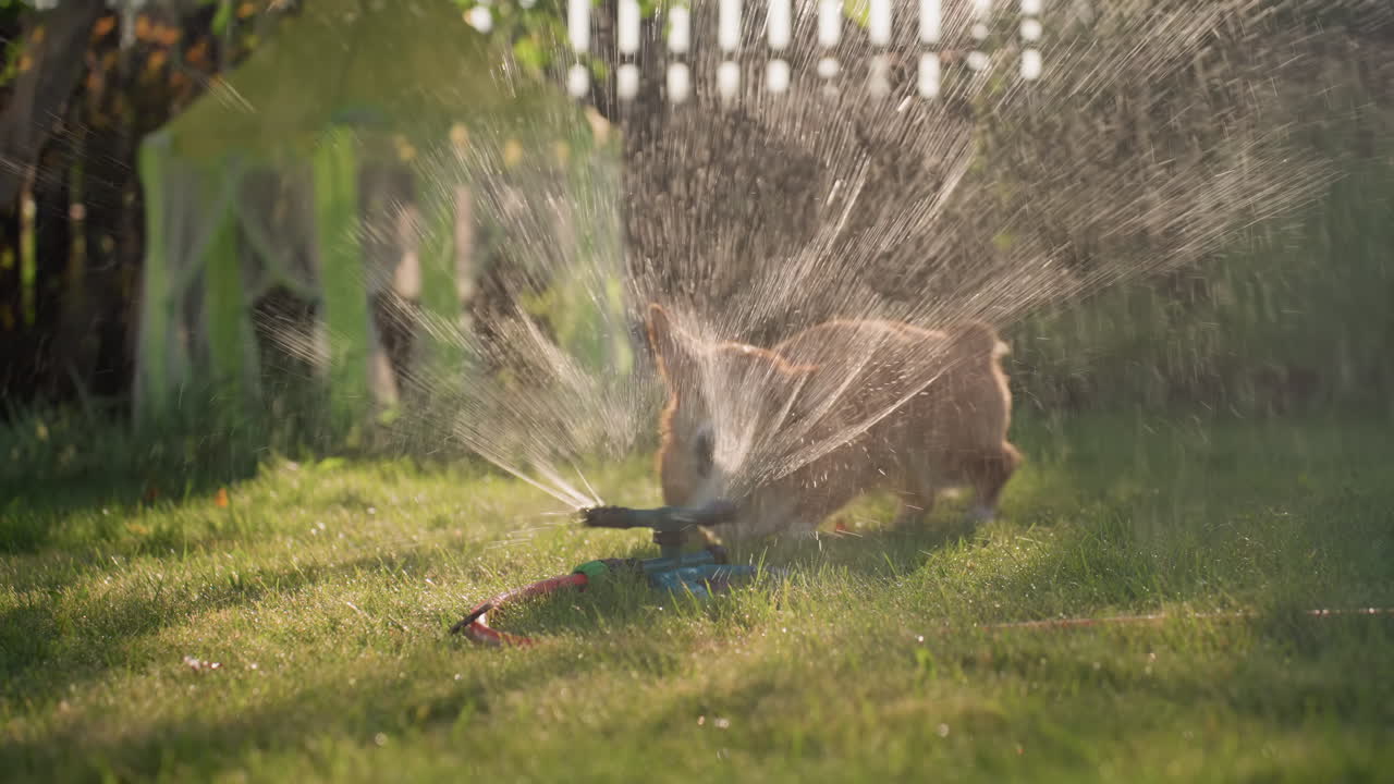 Dog Surprises Fountain, Energetic Dog Explores Garden Spray, Playful Corgi Reacts To Sudden Water Burst, Corgi Joyfully Investigates Water Sprinkler With Lively Splashes And Droplets