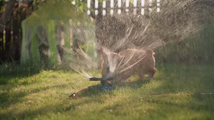 Un cane sorprende una fontana, cane energico esplora uno spruzzo da giardino, un corgi giocherellone reagisce a un improvviso getto d'acqua, corgi esamina con gioia un irrigatore con schizzi vivaci e goccioline