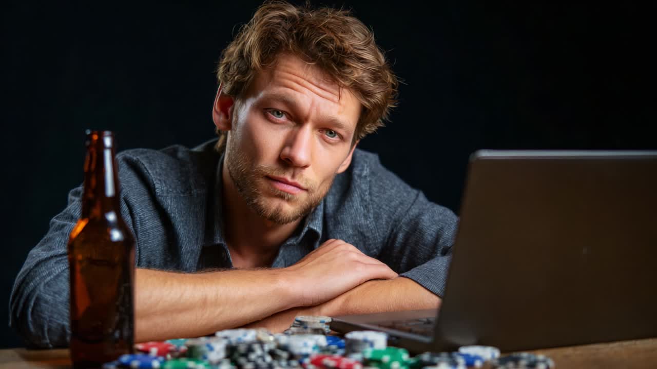 A Focused Individual Engaged in Online Gaming, Surrounded by Poker Chips and a Beverage, Exhibiting Intense Concentration and Emotion During a High-Stakes Moment of Digital Entertainment
