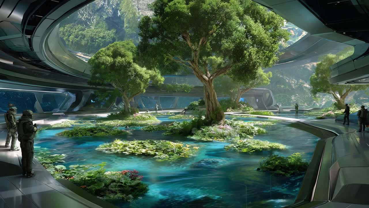 A Vision of the Future: An Innovative Urban Ecosystem Where Nature and Technology Merge Seamlessly, Featuring Lush Greenery, Tranquil Waters, and State-of-the-Art Architecture Creating a Serene Environment