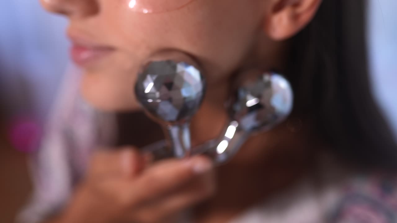 구아 샤와 눈 마스크로 얼굴 치료를 받는 여성