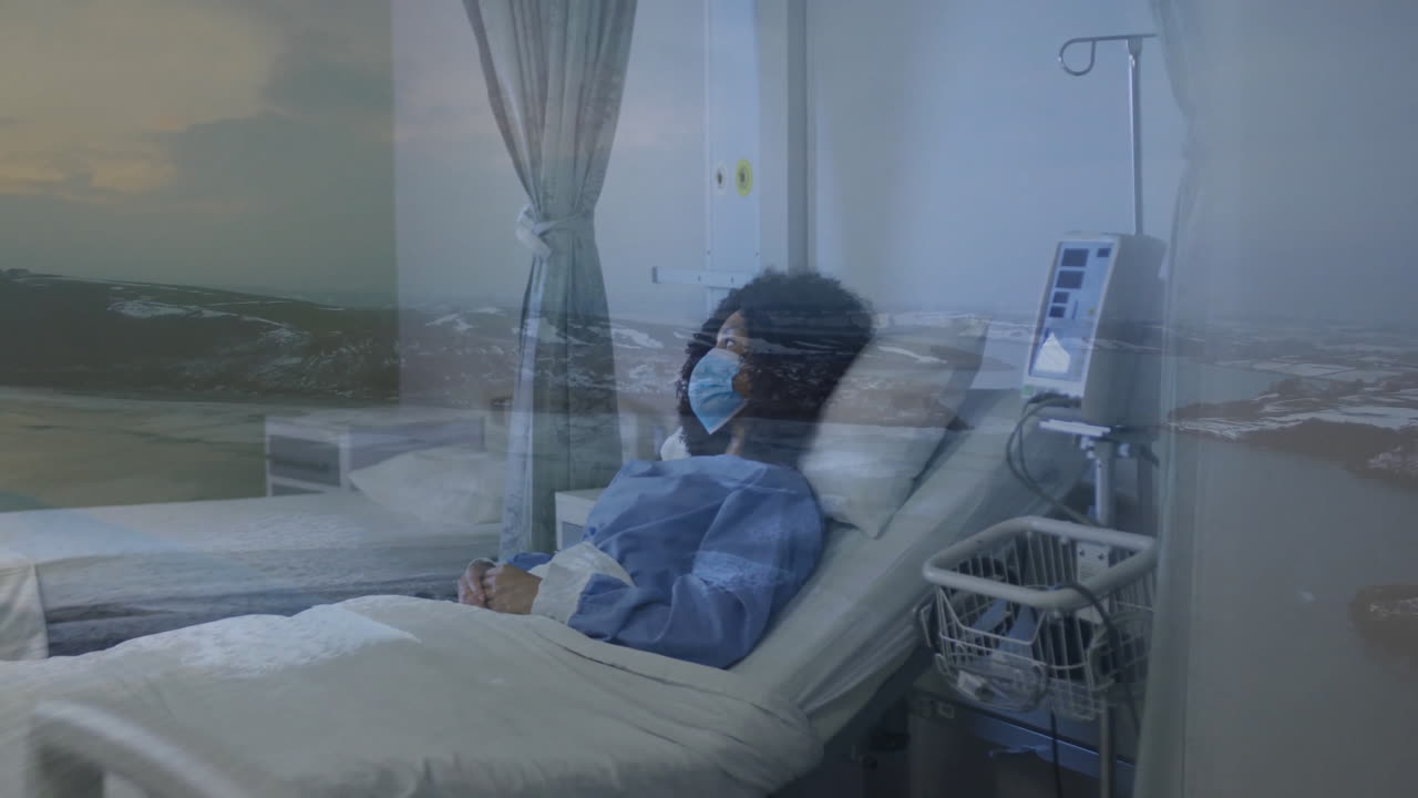 Resting in hospital bed, patient with serene landscape animation overlay, relaxing