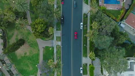 Tiro-De-Drones-De-Ojo-De-Pájaro-De-Autos-Rojos-Y-Azules-Conduciendo-Por-Carretera-En-Beverly-Hills,-Hierba-Verde-Y-Tejados-A-La-Vista