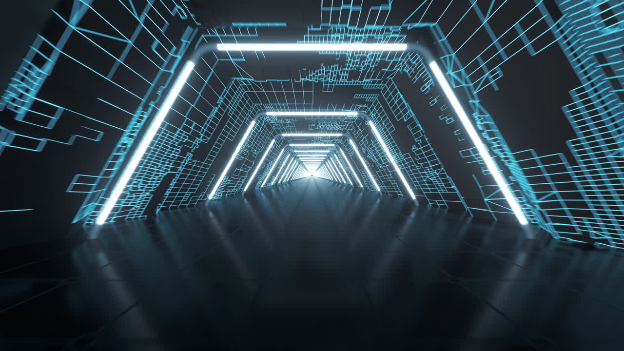 Tunnel and neon with blue background, 3d rendering.