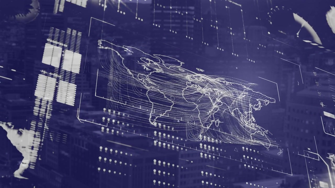 Animation of data processing and world map over cityscape