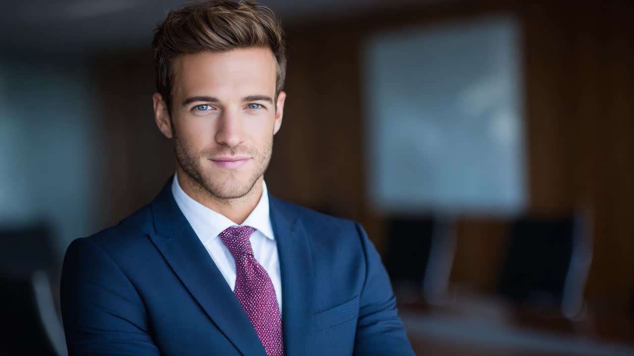 Confident Young Professional in a Suit Smiling at the Camera, Showcasing a Bright Future and Strong Charisma in an Office Setting
