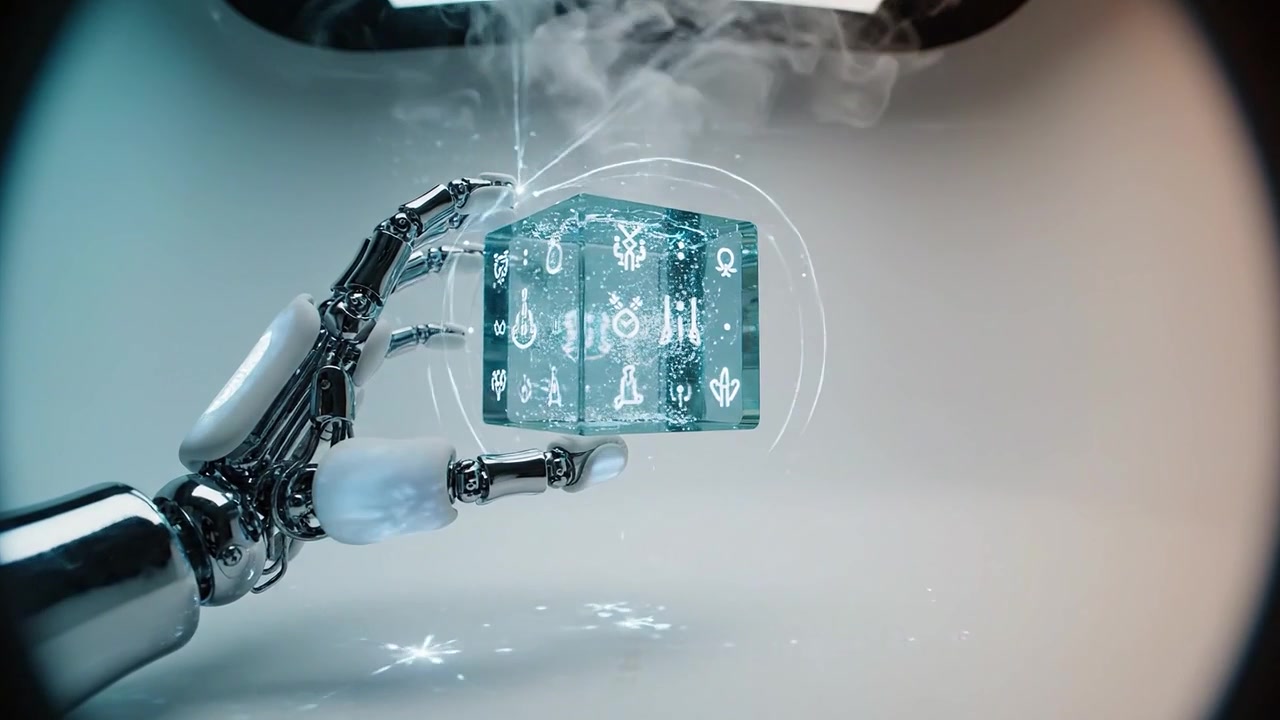 A robotic hand holds a shimmering cube that emits light and represents intricate digital symbols, showcasing the fusion of technology and creativity.