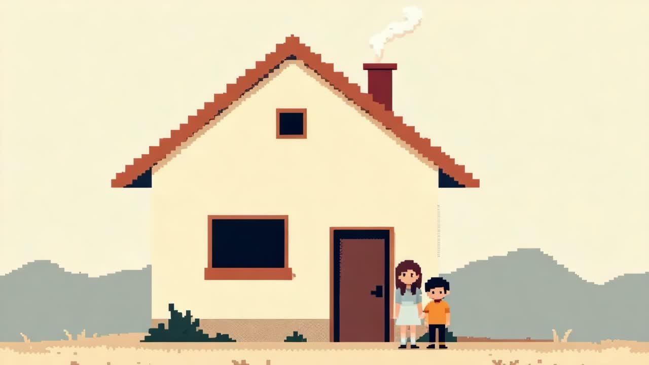 Pixel art scene depicting a woman and a child standing together outside a cozy house, showcasing warmth and connection in a serene rural setting with mountains in the background
