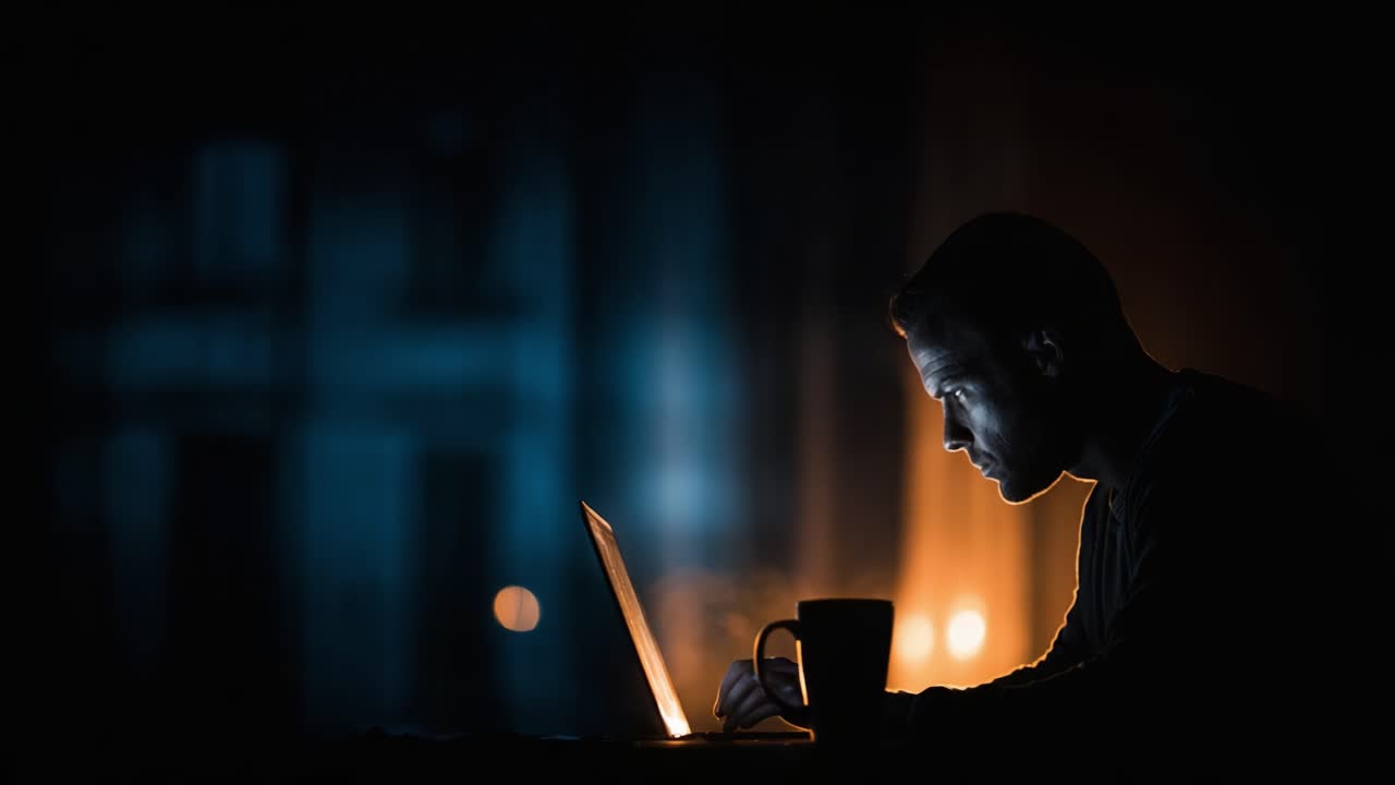 A solitary figure immersed in digital tasks, illuminated by a laptop's glow against a dark backdrop, capturing the essence of late-night focus and intrigue