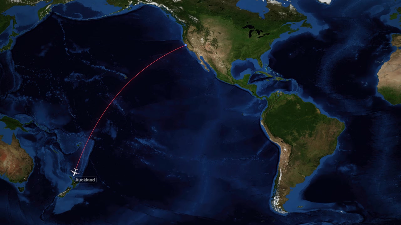Satellite world map animation tracks a commercial airplane flying from San Francisco to Auckland