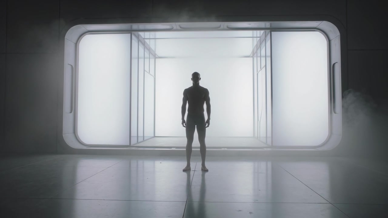 Bagliore della camera che rivela una figura maschile in pantaloncini in piedi in uno studio per una rivelazione, nebbia che avvolge il pavimento.