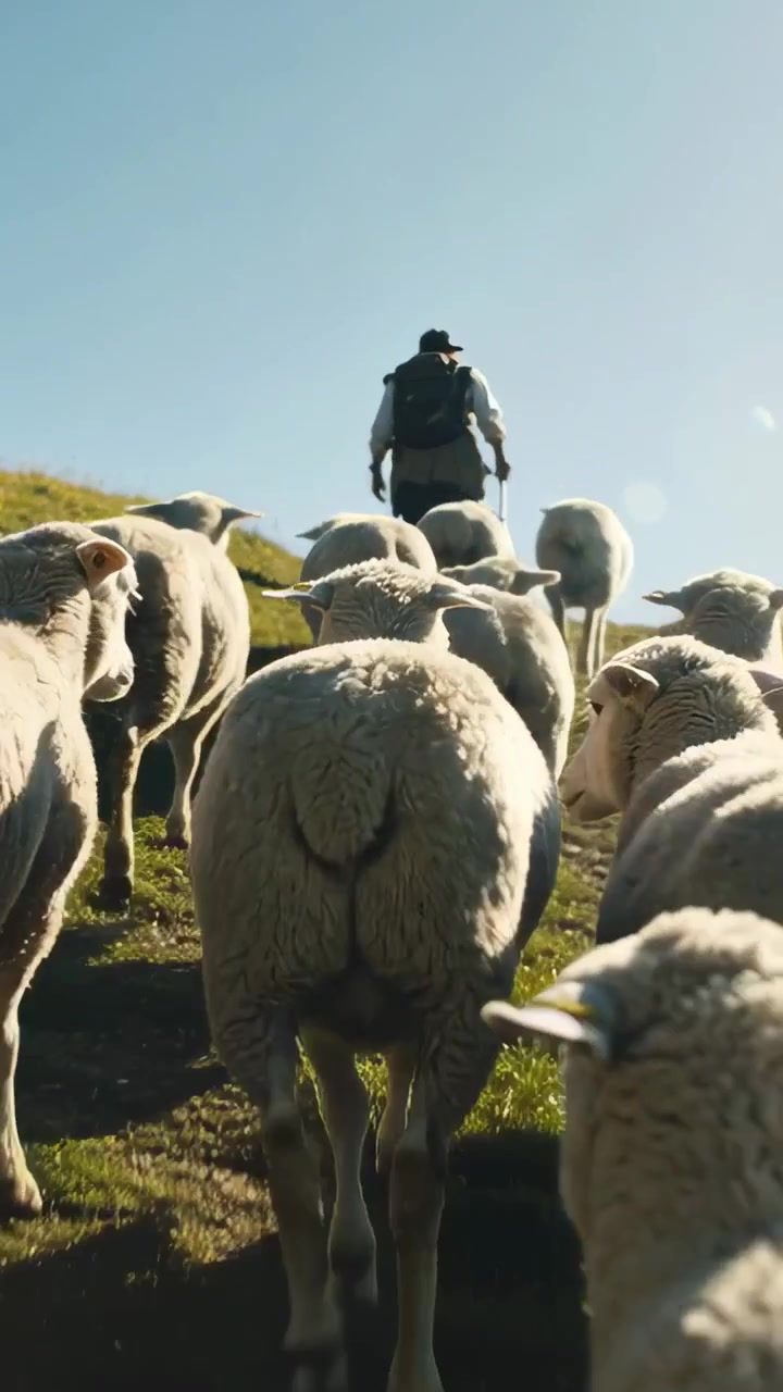 Video verticale: Inizio di una camminata in salita, un pastore che guida il gregge verso la cresta con bastone, zaino e cappello.