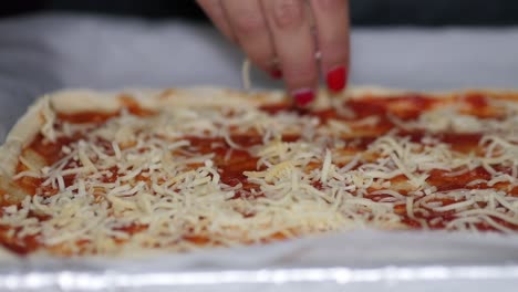 primer plano de aspersión de queso rallado en una pizza casera