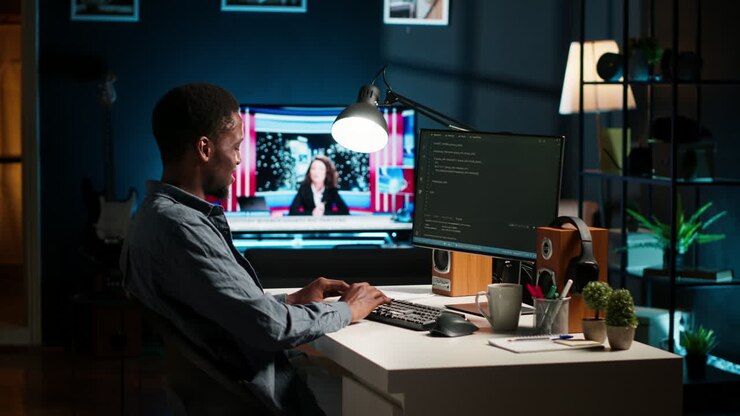 African american expert at desk using pc for programming and data analysis