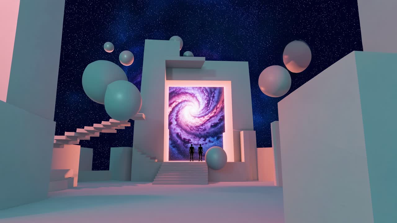 Two figures standing at a portal to another galaxy, in a surreal geometric structure.