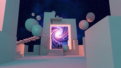 two figures standing at a portal to another galaxy, in a surreal geometric structure.